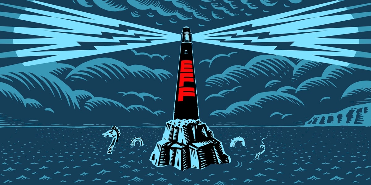 The EFF logo printed on an illustrated lighthouse in a background of blue.