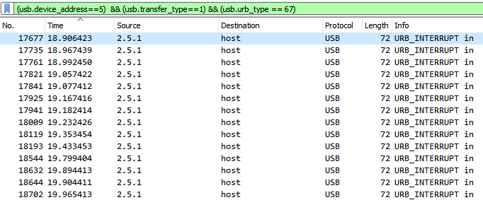 Screenshot of Wireshark USB packets with keyboard presses
