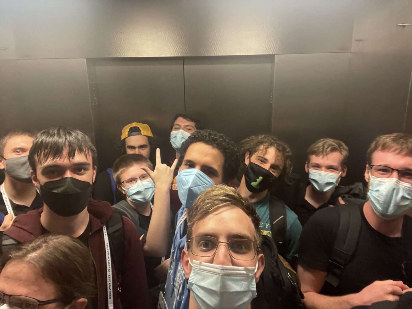 The OSUSEC team at BSides, crammed into an elevator, ready to head home.