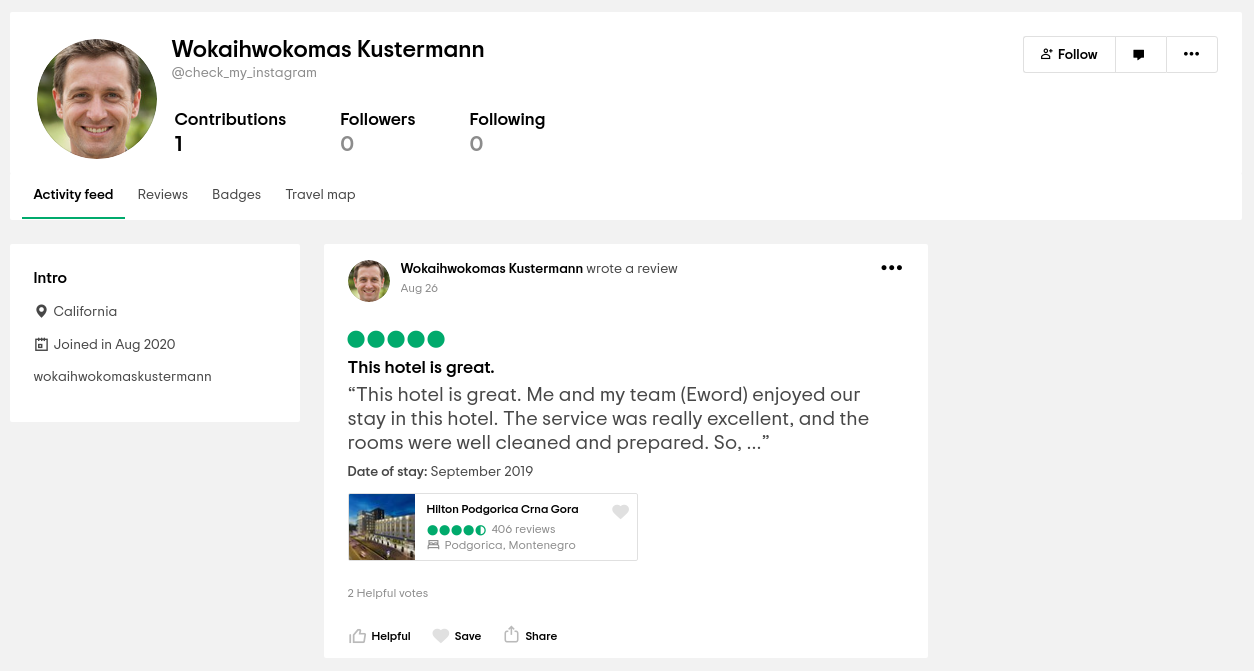 Screenshot of the TripAdvisor accounc that wrote the review