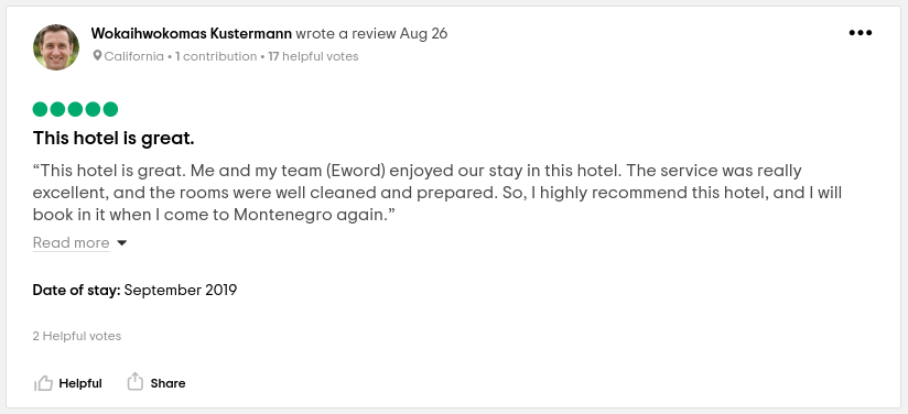 Screenshot of a TripAdvisor review about the hotel