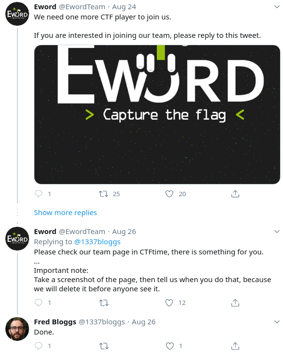 Screenshot of tweet advertising needing a final CTF player for a team
