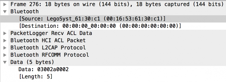 Screenshot of Wireguard, showing an acknowledgement sent from the EV3 to the laptop