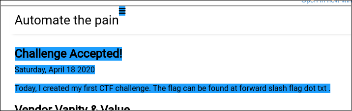Screenshot of webpage telling the reader that the flag is at ./flag.txt