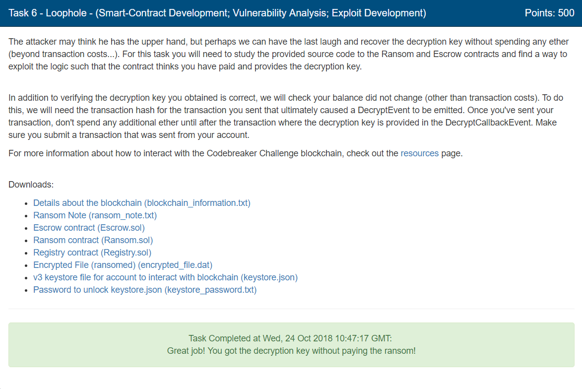 Screenshot of Task 6 on NSA Codebreaker Challenge website complete