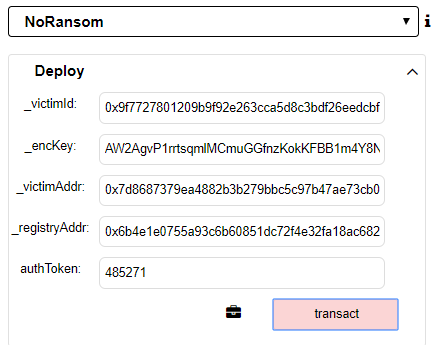 Screenshot of deploying a fake ransom contract