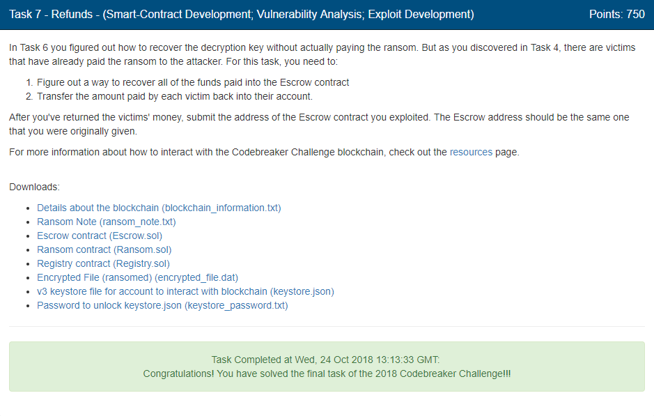 Screenshot of Task 7 on NSA Codebreaker Challenge website complete