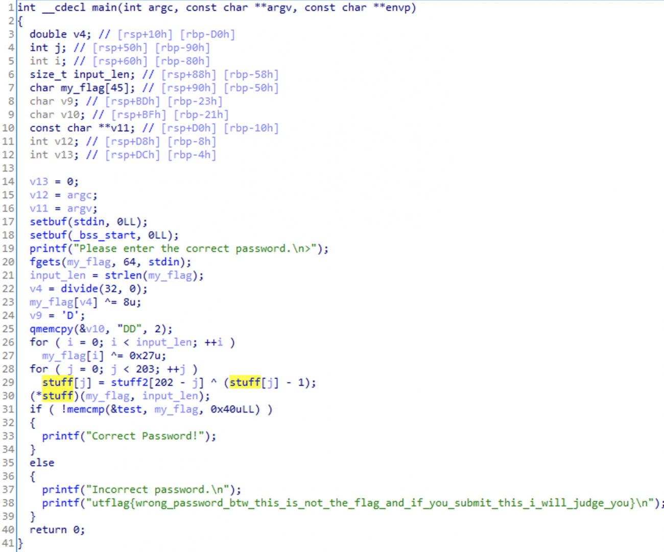 Screenshot of main decompliation in IDA Pro