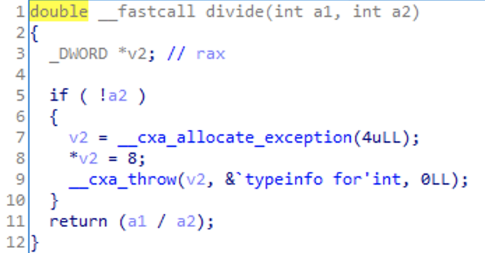 Screenshot of IDA Pro decompilation of the divide function