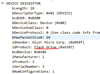 Screenshot of Wireshark identifying a device as a flash drive